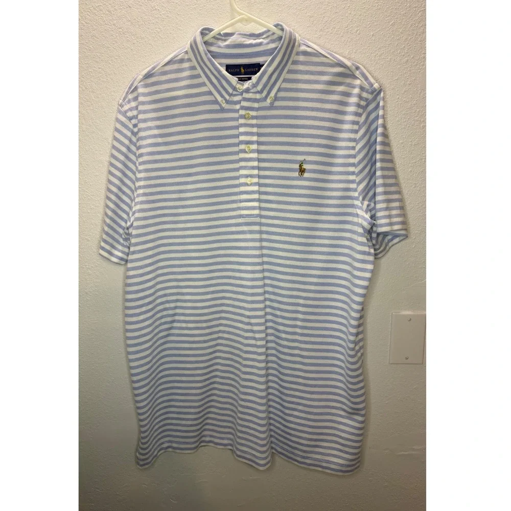 Ralph Lauren Knit Oxford Polo Shirt Mens XL Blue White Striped Short Sleeve